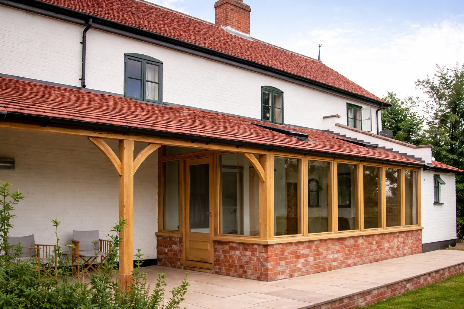 Oak lean-to conservatory manufactured by Monarch Joinery for a Suffolk property
