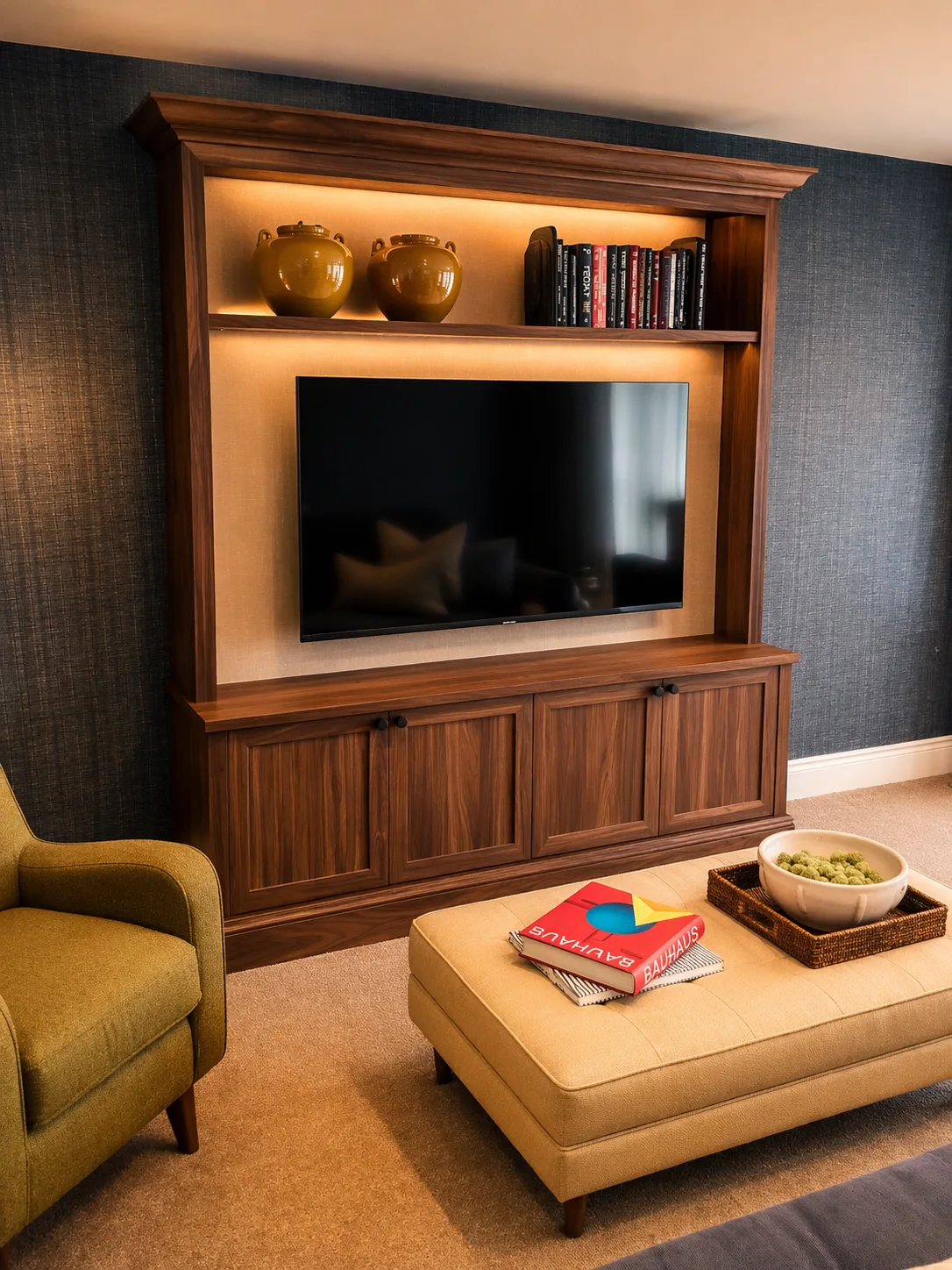 Fitted walnut entertainment unit by Monarch Joinery